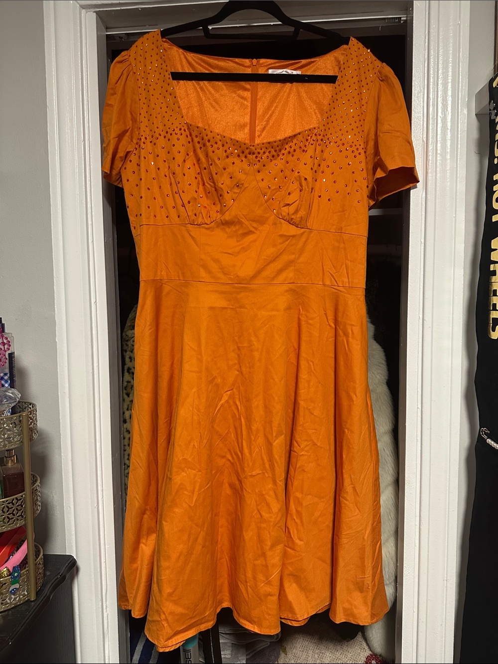 Women's Orange Short-Sleeve Fit & Flare Swing Dress with crystal Embellishments